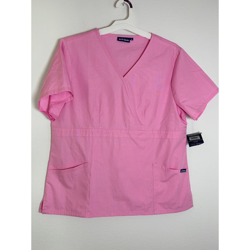 Sivvan Pink Mock Wrap‎ Scrub Top Medical Uniform V-Neck XL NWT
